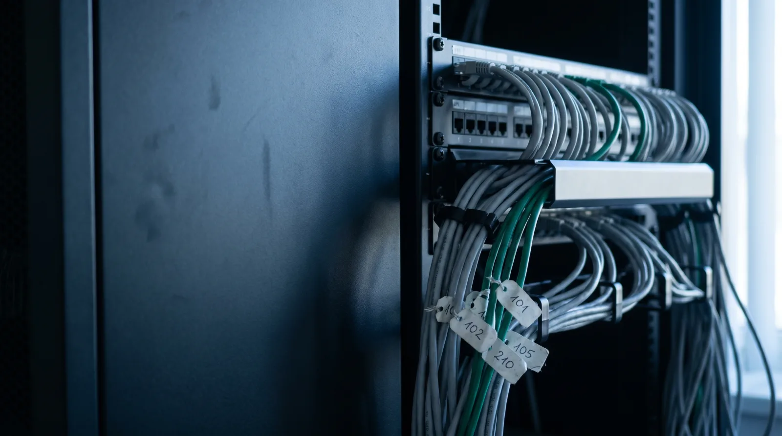 Patchpanel-Detail in einem Server-Rack mit grauen Patch-Kabeln, vereinzelt grünen Akzent-Kabeln und handbeschrifteten Nummern-Tags.