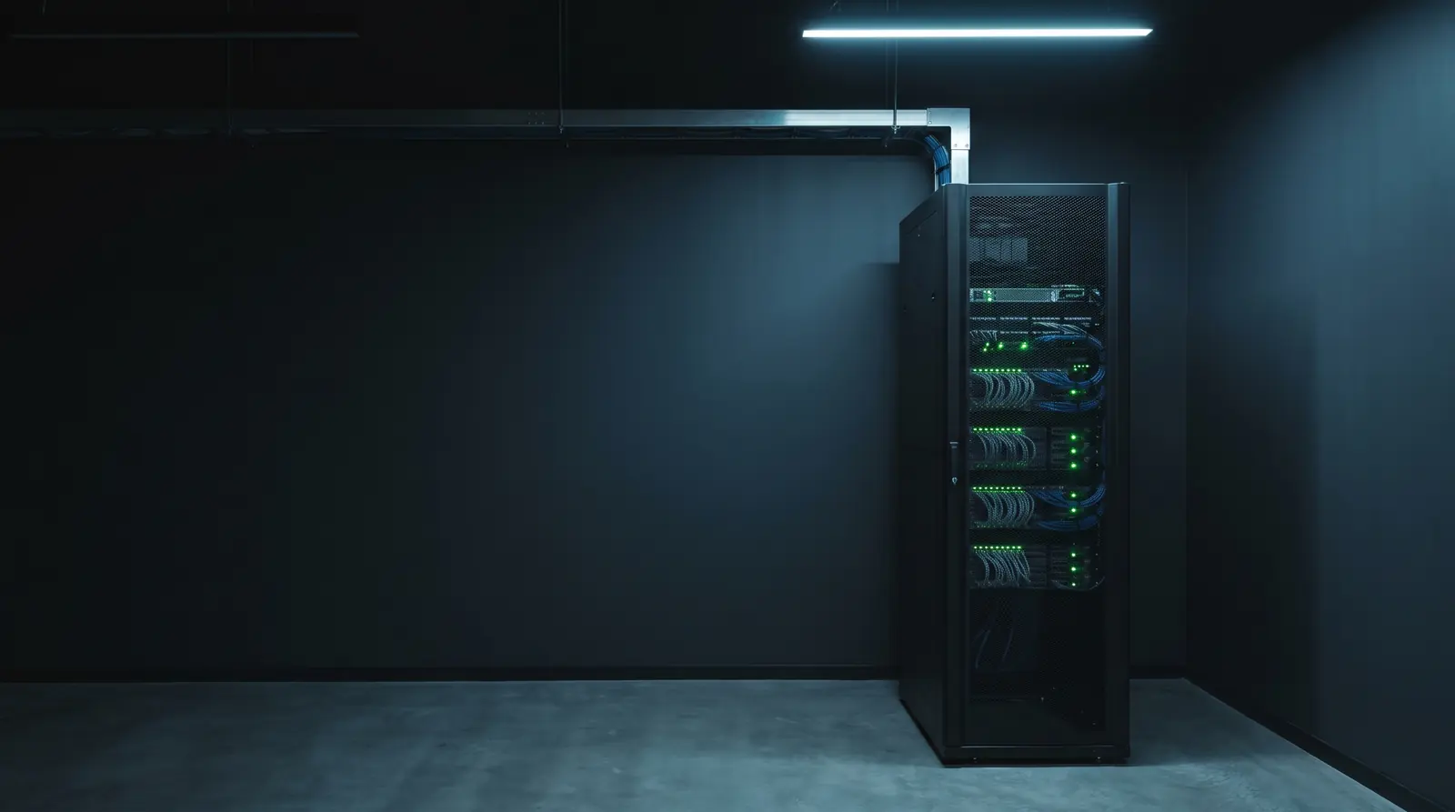 Aufgeräumter, schwach beleuchteter Server-Raum mit einem einzelnen Rack am rechten Bildrand, dessen grüne Status-LEDs ruhig leuchten.