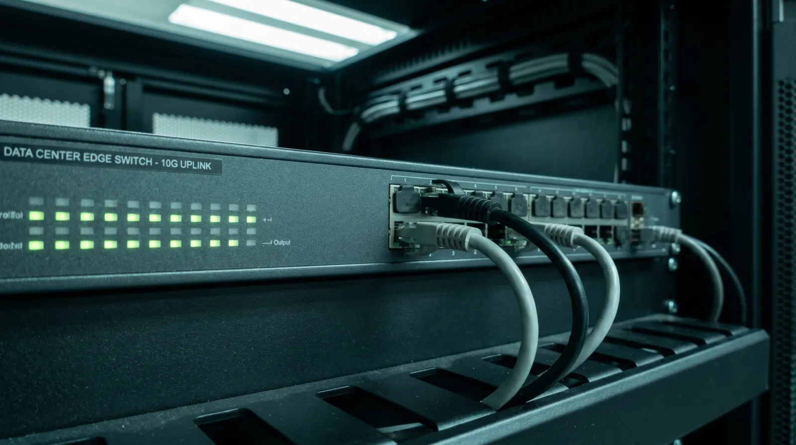 Reihe gestapelter Netzwerk-Switches mit ruhig leuchtenden grünen Status-LEDs.